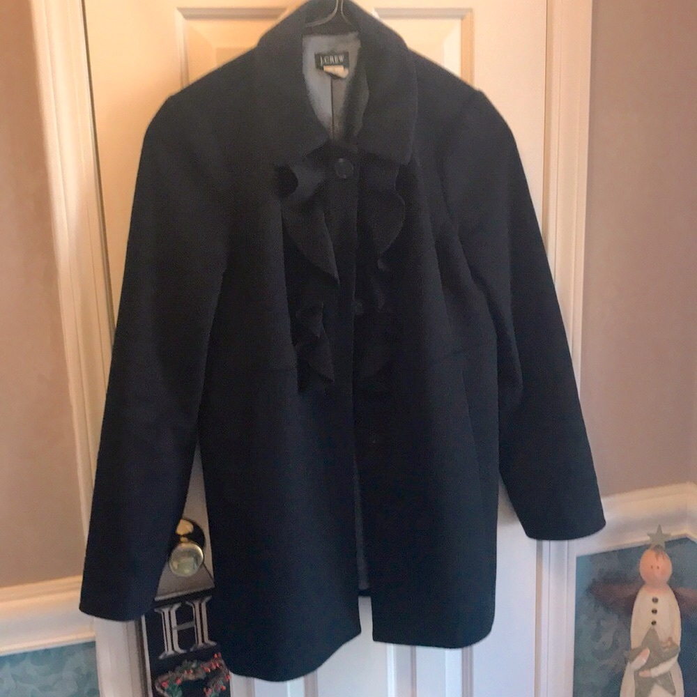 J. Crew Black Ruffle Front Coat~size 12